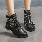 Studded Cut Out Buckle Strap Chunky Heel Boots Oshnow